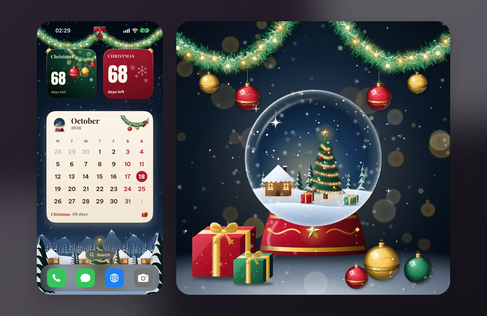 An iPhone Home Screen with the Christmas set: 68 days left, the velvet snow card and the cream Christmas calendar on a snowy village wallpaper, next to the snow globe cover art
