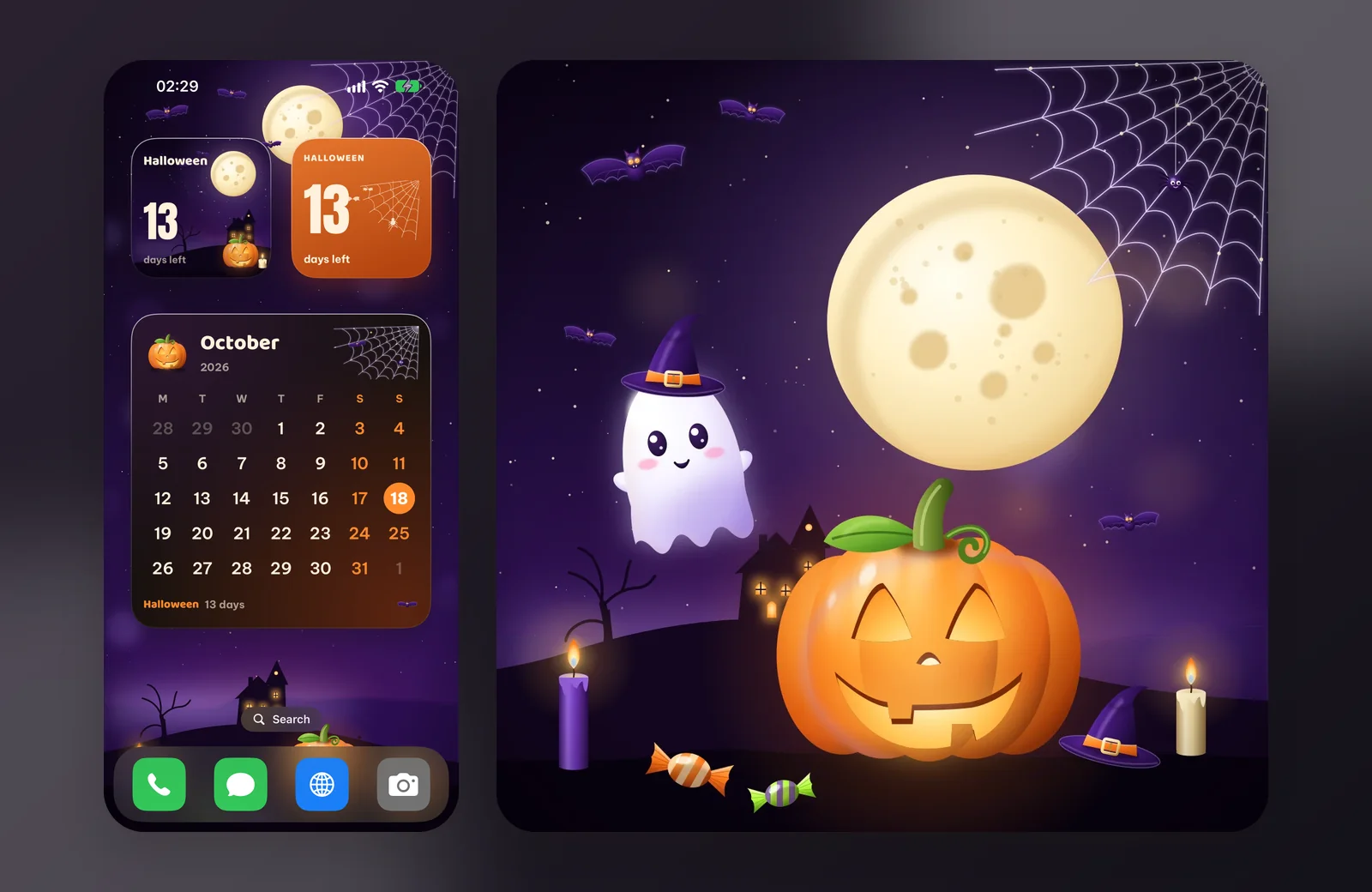 An iPhone Home Screen with the Halloween set: 13 days left, the pumpkin card and the spooky month calendar on a purple night wallpaper, next to the set cover art