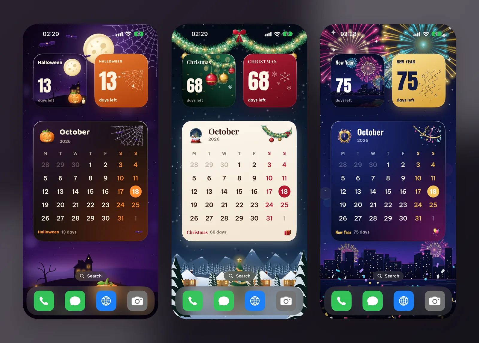 Three real iPhone Home Screens dressed with the Halloween, Christmas and New Year theme sets: countdown, card and month calendar on matching wallpapers