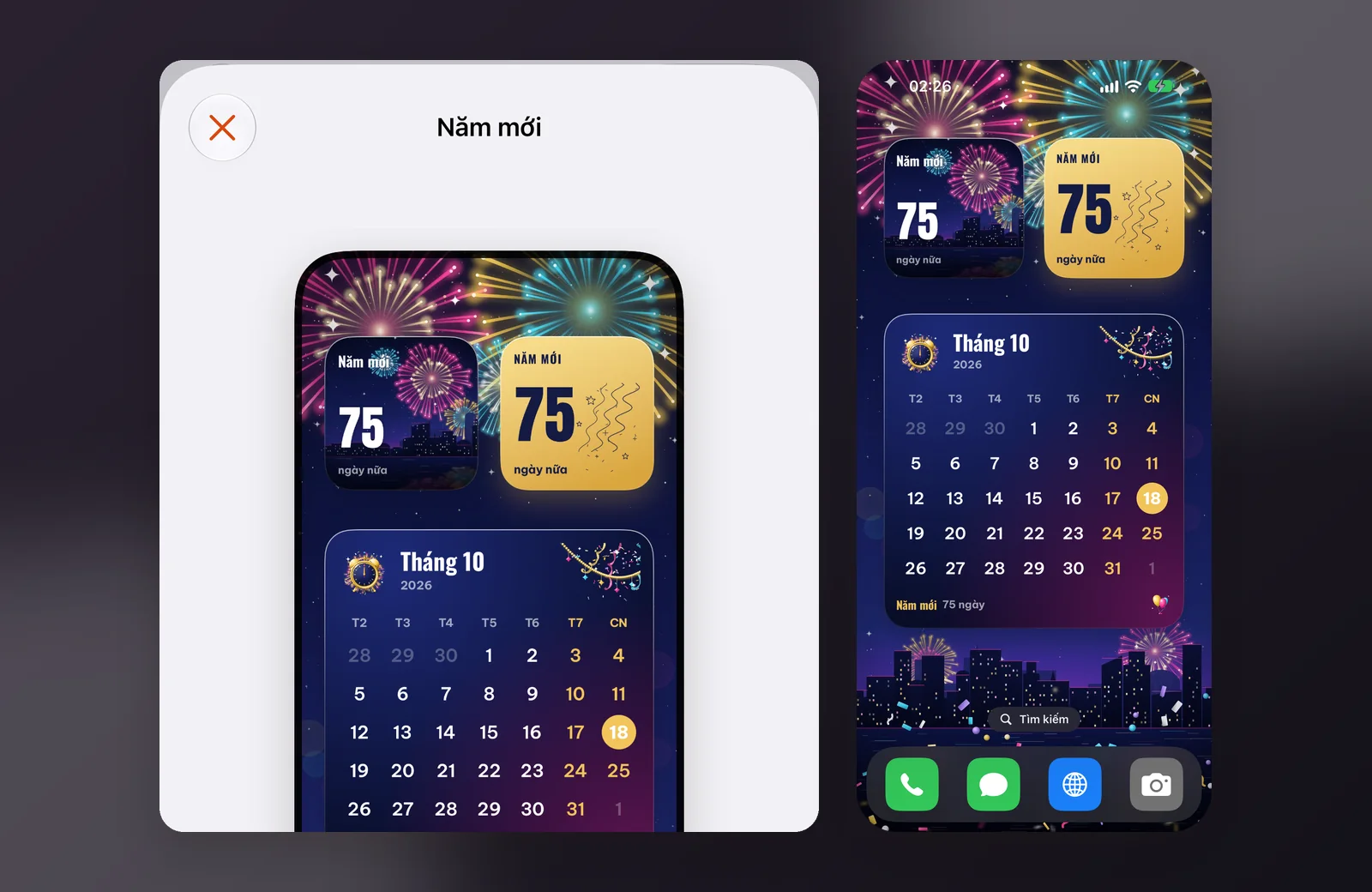 Trang bộ giao diện Năm mới trong app có nút Cài cả bộ, bên cạnh màn hình chính với pháo hoa, thẻ sâm panh và lịch tháng lấp lánh