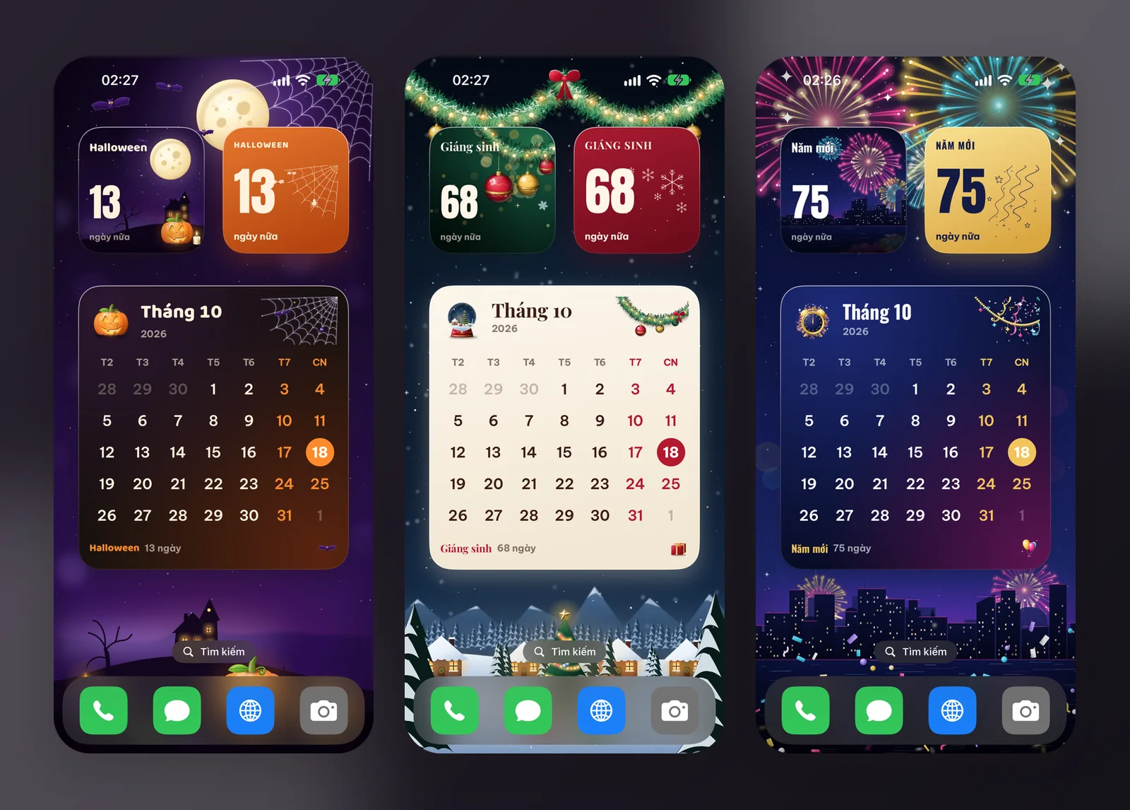 Ba màn hình chính iPhone thật dùng bộ giao diện Halloween, Giáng sinh và Năm mới: đếm ngược, thẻ đếm ngày và lịch tháng trên hình nền cùng tông