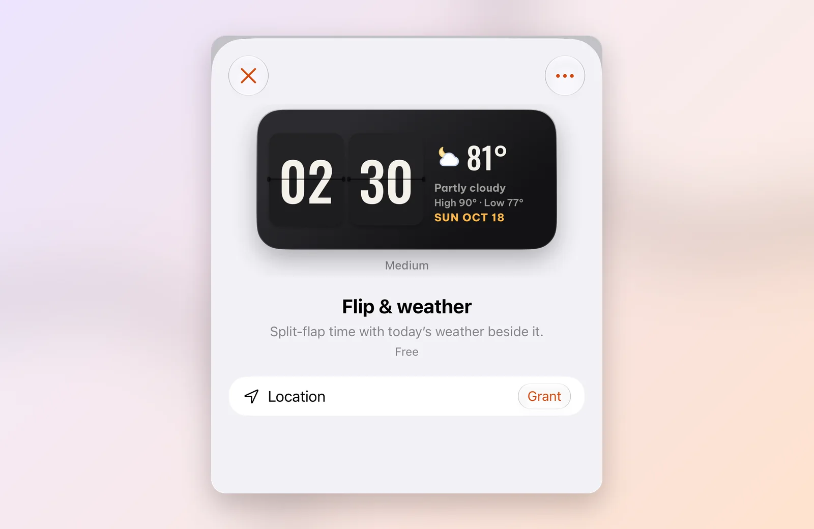 The Flip and weather detail page in the WidgyKit app with a location permission row and an Install button