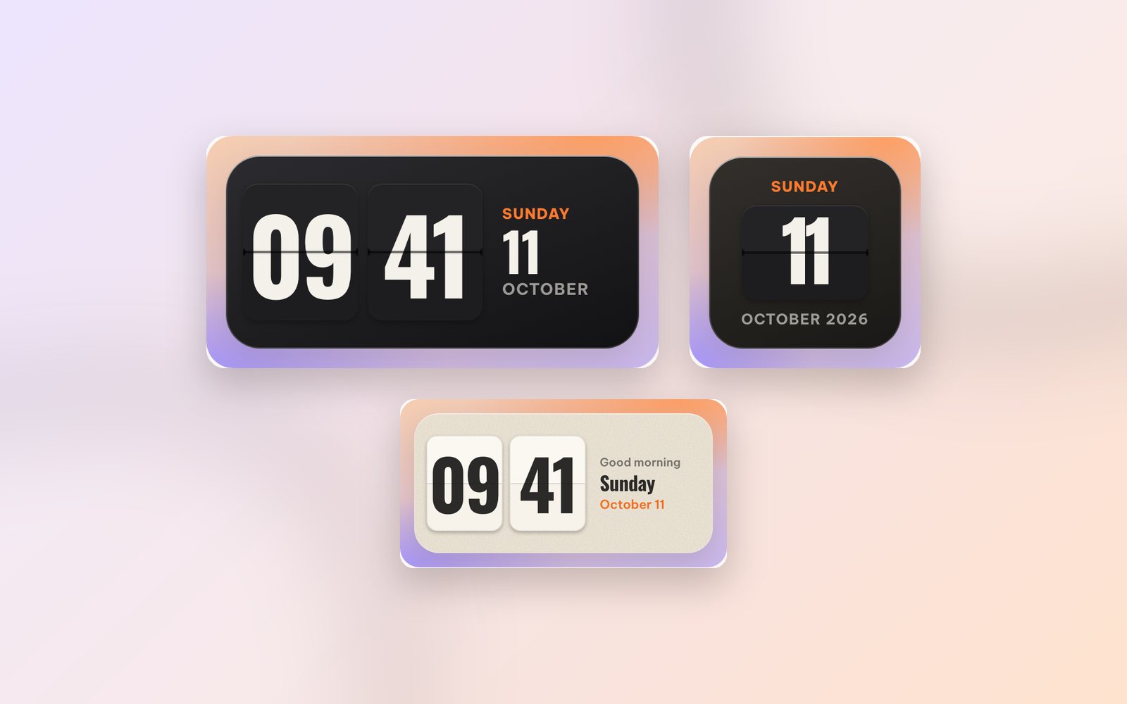 A black Flip classic clock widget, a Flip date widget and a Flip cream clock widget on a soft purple and peach background