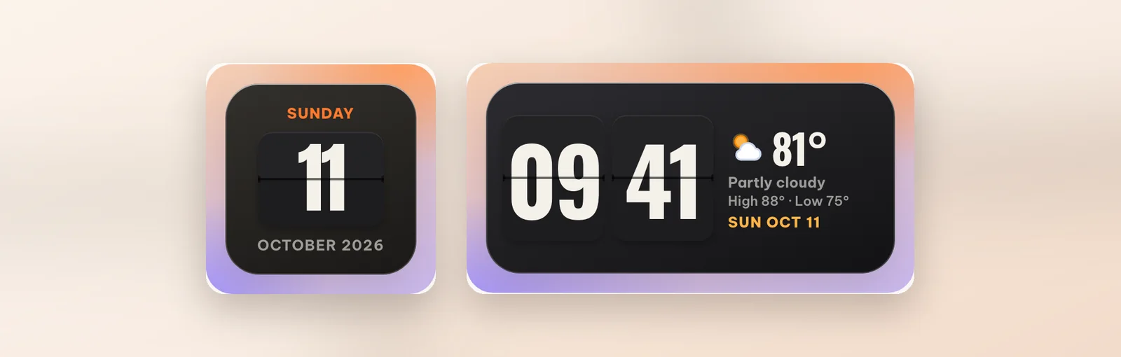 The small Flip date widget showing 11 and the medium Flip and weather widget showing 81 degrees