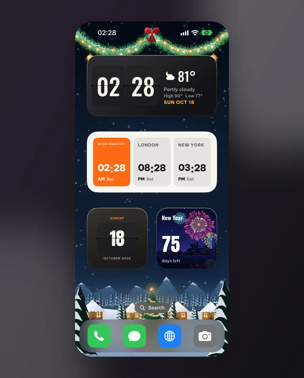 A real iPhone Home Screen with Flip & weather, World trio, Flip date and a New Year countdown on a Christmas wallpaper