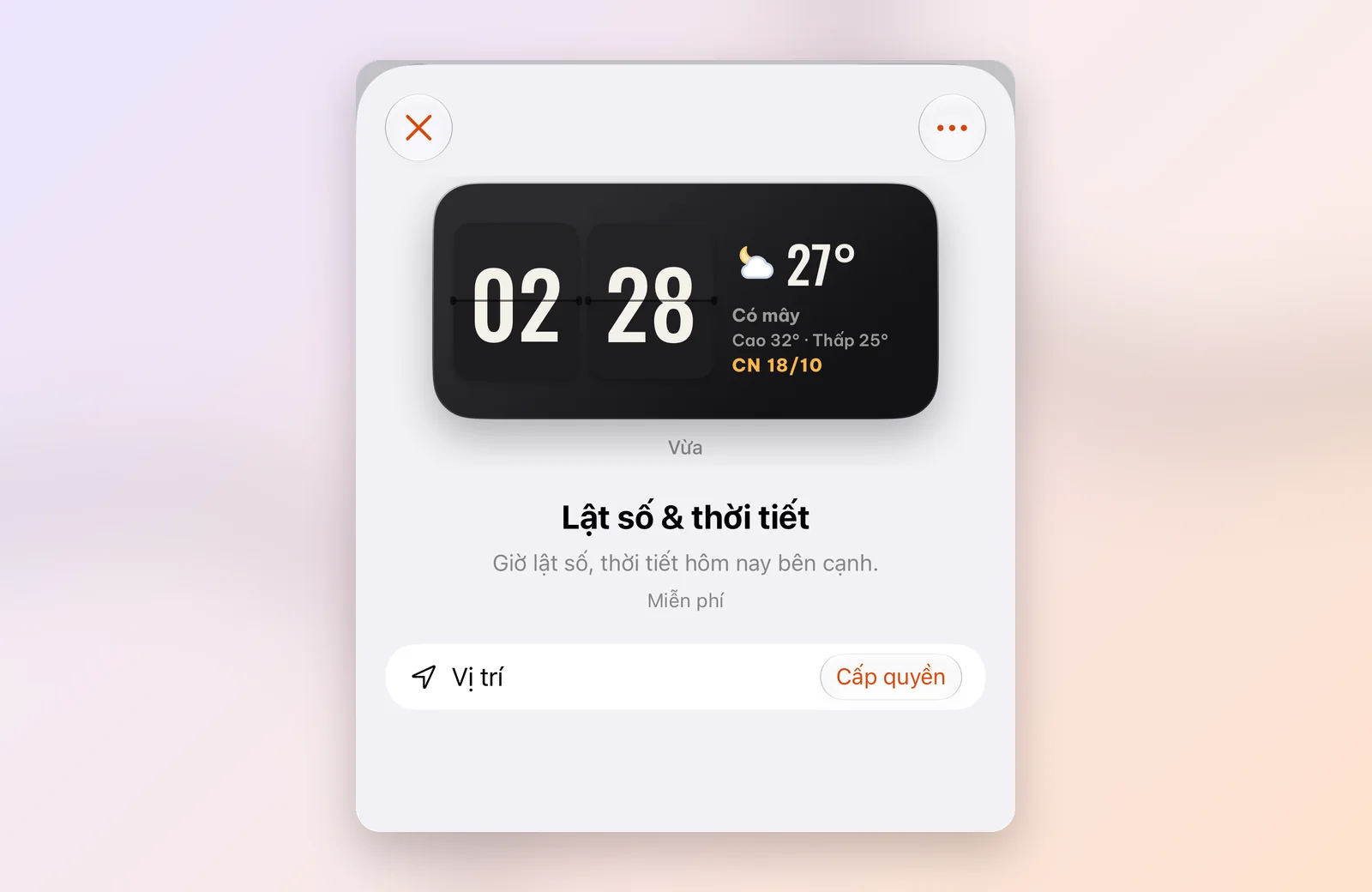 Trang chi tiết widget Lật số & thời tiết trong app WidgyKit, có nút cấp quyền vị trí và nút Cài đặt
