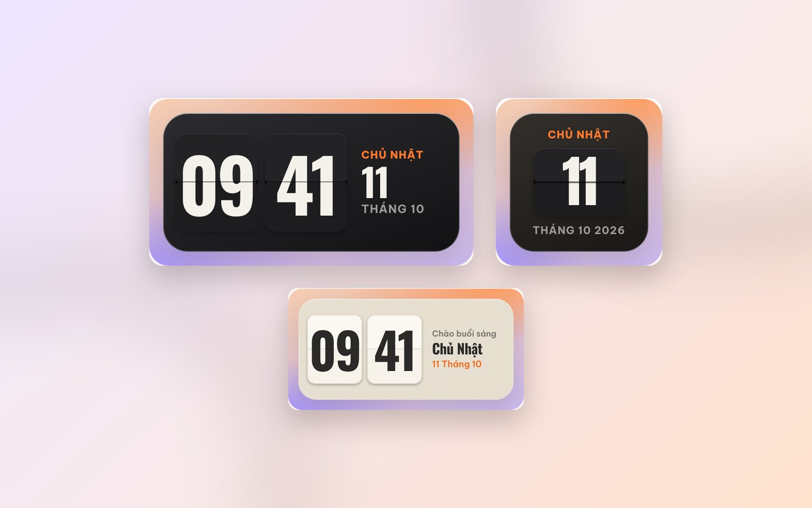 Widget đồng hồ lật số cổ điển màu đen, Lịch lật và đồng hồ lật số màu kem trên nền tím cam dịu