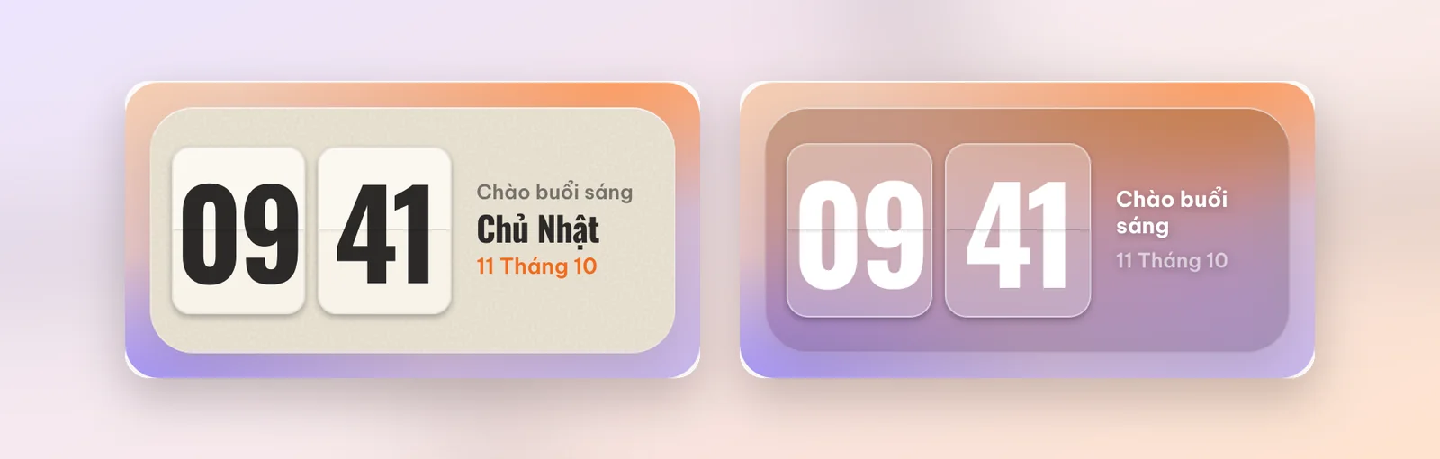 Widget Lật số màu kem với lời chào buổi sáng và widget Lật số kính mờ trong suốt