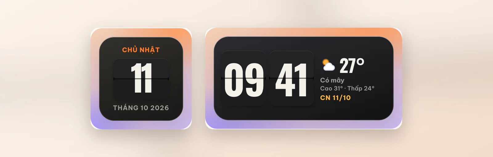 Widget Lịch lật cỡ Nhỏ hiện ngày 11 và widget Lật số & thời tiết cỡ Vừa với 27 độ