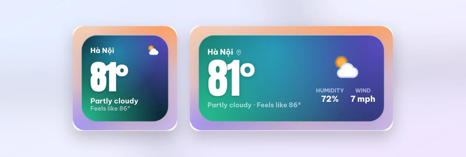 The Aurora weather widget in small and medium sizes: a big temperature over a teal-to-purple gradient