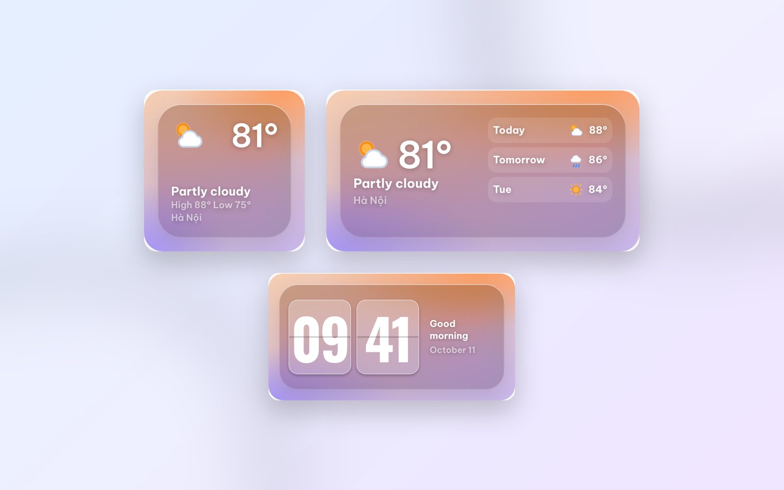 Small and medium Glass weather widgets and a Flip glass clock widget on a pale blue and lilac background