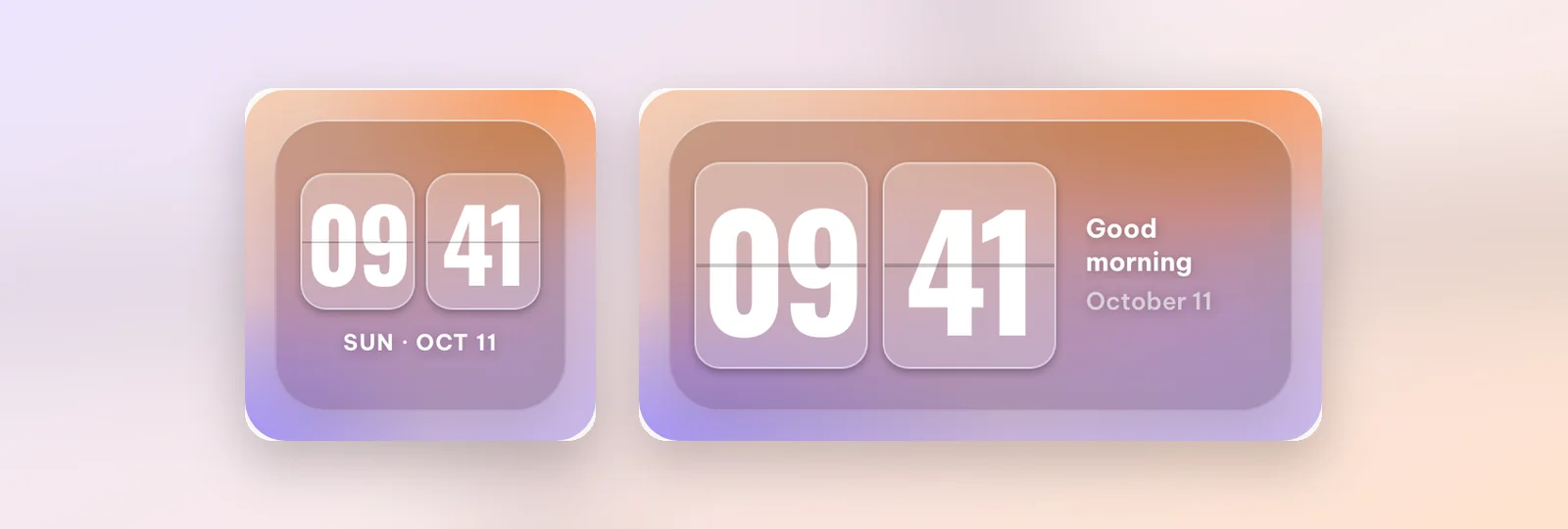 The Flip glass widget in small and medium sizes with translucent flip cards and a good-morning greeting