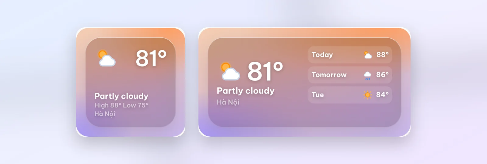 The Glass weather widget in small and medium sizes with a forecast for today, tomorrow and the next day