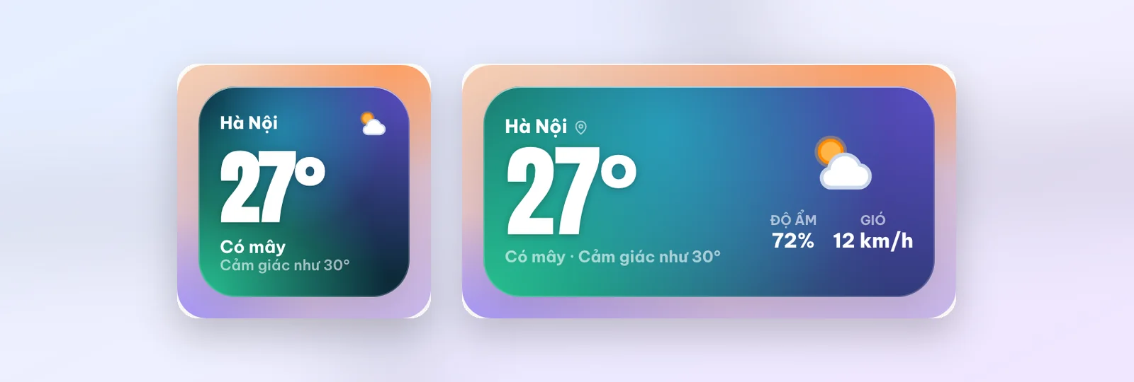 Widget Thời tiết cực quang cỡ Nhỏ và Vừa: nhiệt độ lớn trên nền chuyển màu xanh ngọc sang tím