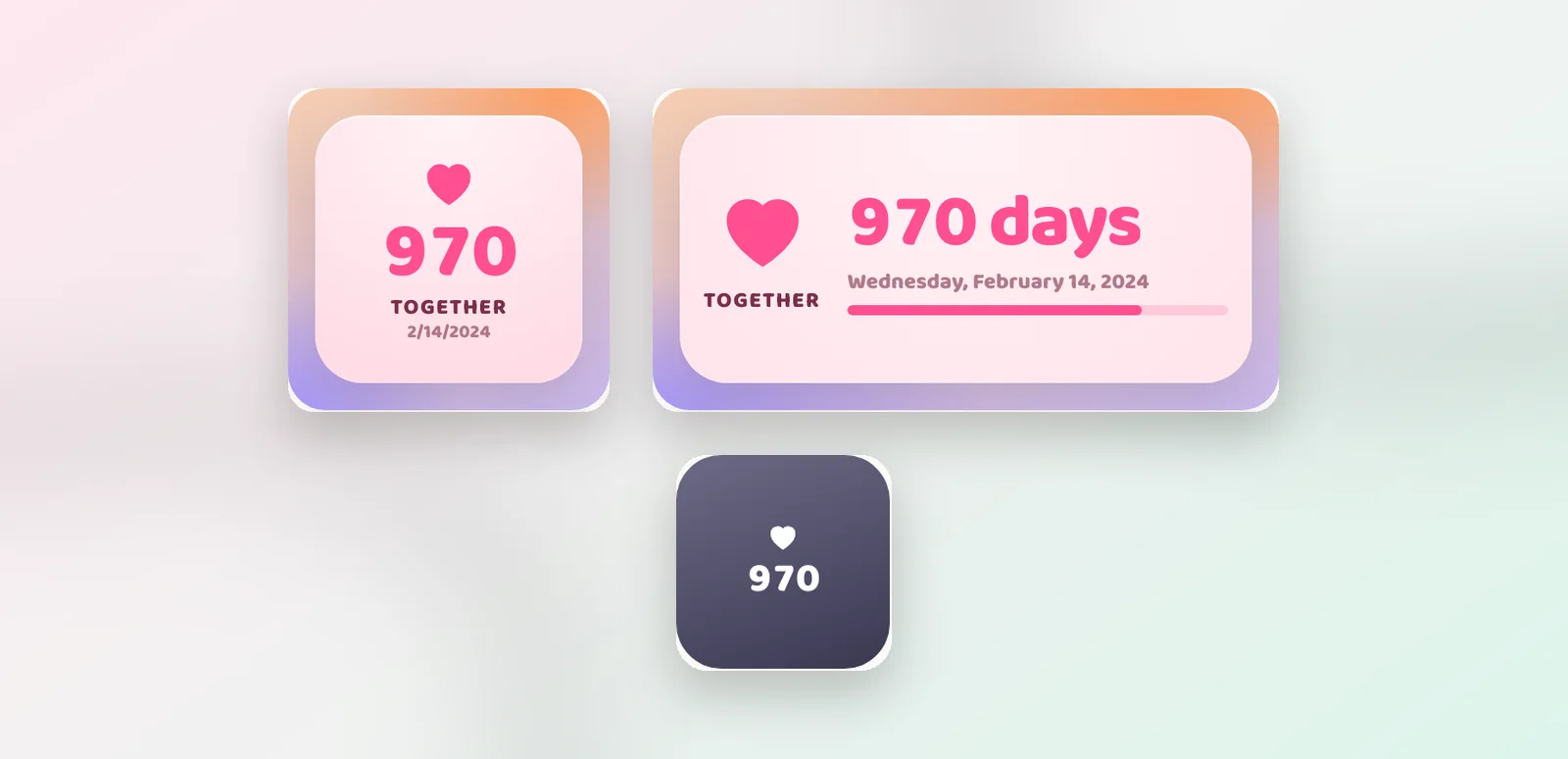 The Together widget in small and medium sizes with a pink heart, 970 days and a progress bar, plus a round Lock Screen version