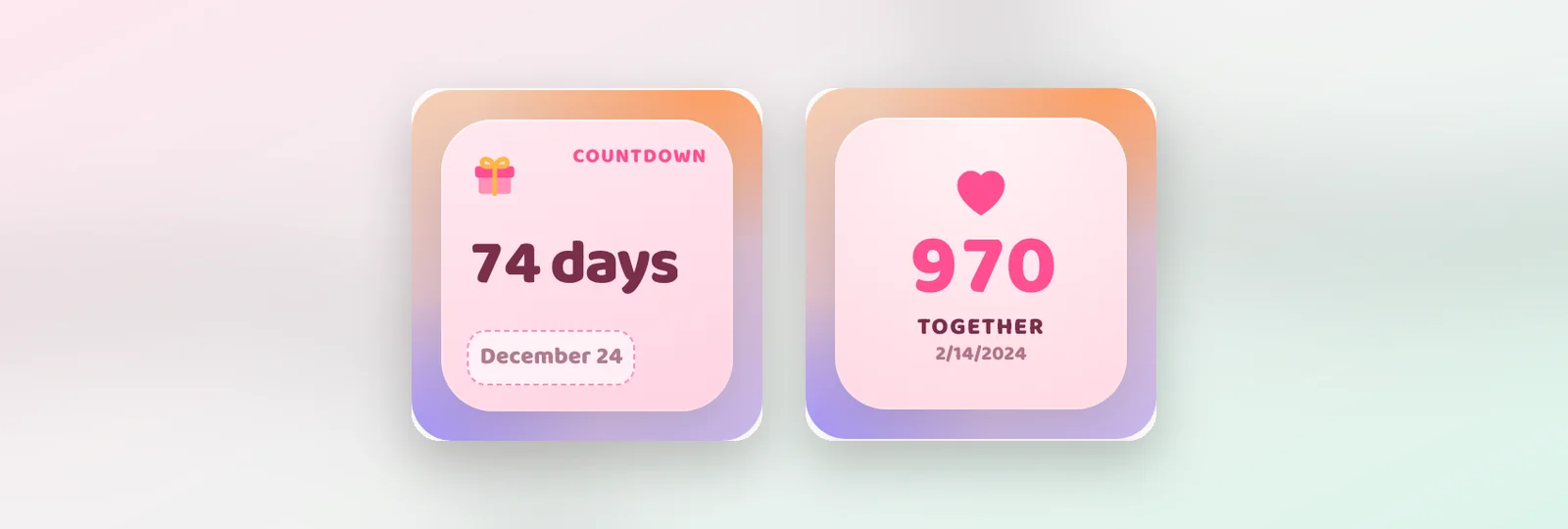 A small Kawaii countdown widget showing 74 days to December 24 and a small Together widget counting 970 days