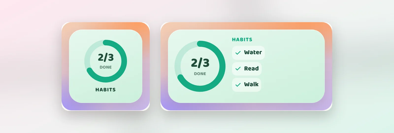 The Kawaii habits widget: a small 2 of 3 ring, and a medium version with Water, Read and Walk checked off