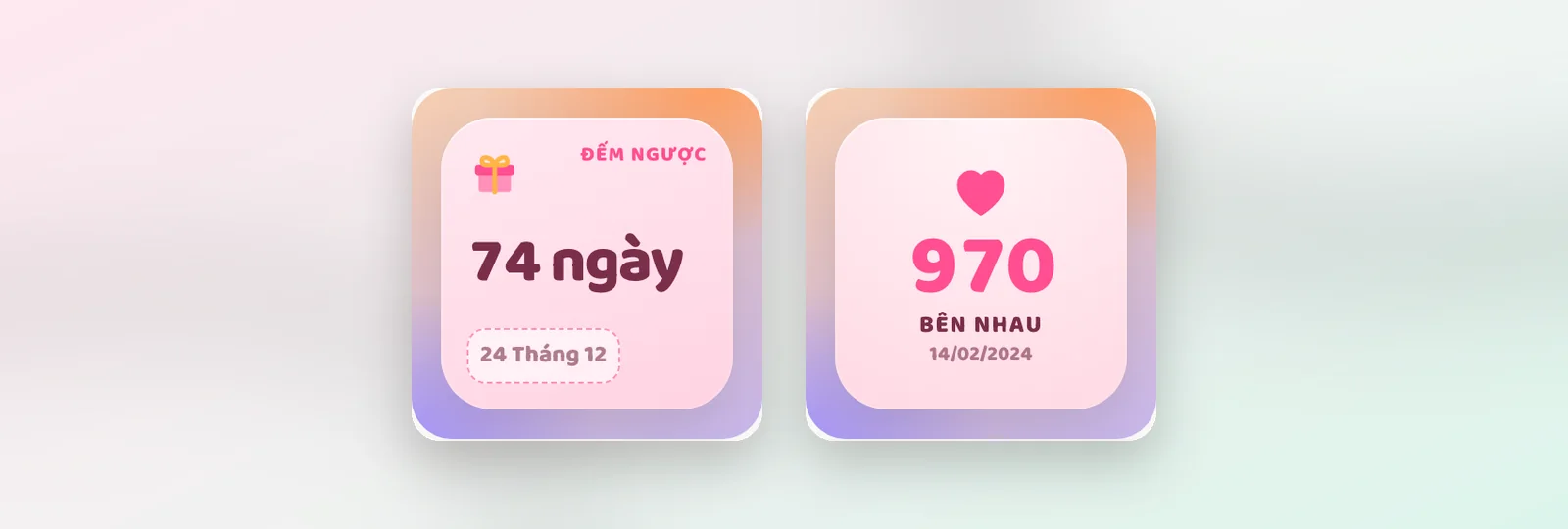 Widget Đếm ngược kawaii cỡ Nhỏ hiện còn 74 ngày đến 24 tháng 12 và widget Bên nhau cỡ Nhỏ đếm 970 ngày