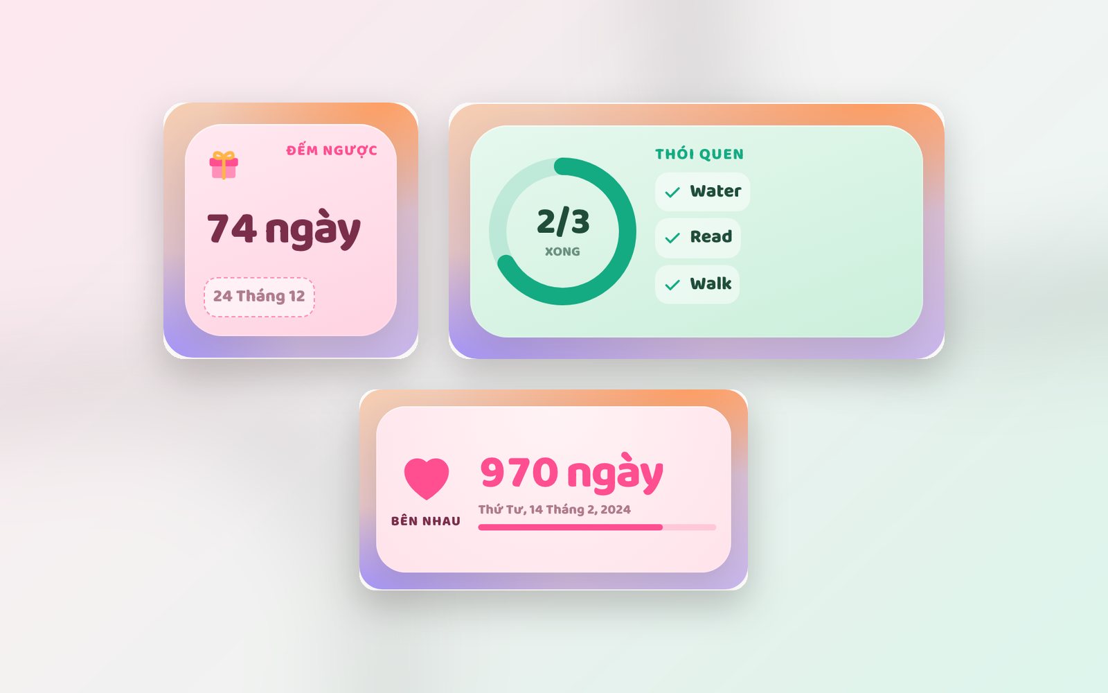 Widget Đếm ngược kawaii màu hồng, Thói quen kawaii vòng xanh bạc hà và Bên nhau đếm 970 ngày trên nền pastel