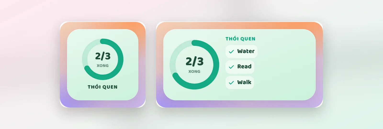 Widget Thói quen kawaii cỡ Nhỏ với vòng tròn 2/3 và cỡ Vừa có danh sách Water, Read, Walk đã đánh dấu