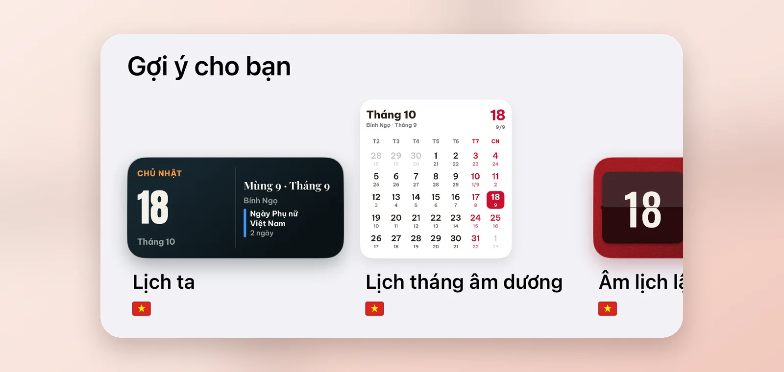 Mục Gợi ý cho bạn trong tab Widget của app WidgyKit với Lịch ta, Lịch tháng âm dương và Âm lịch lật số