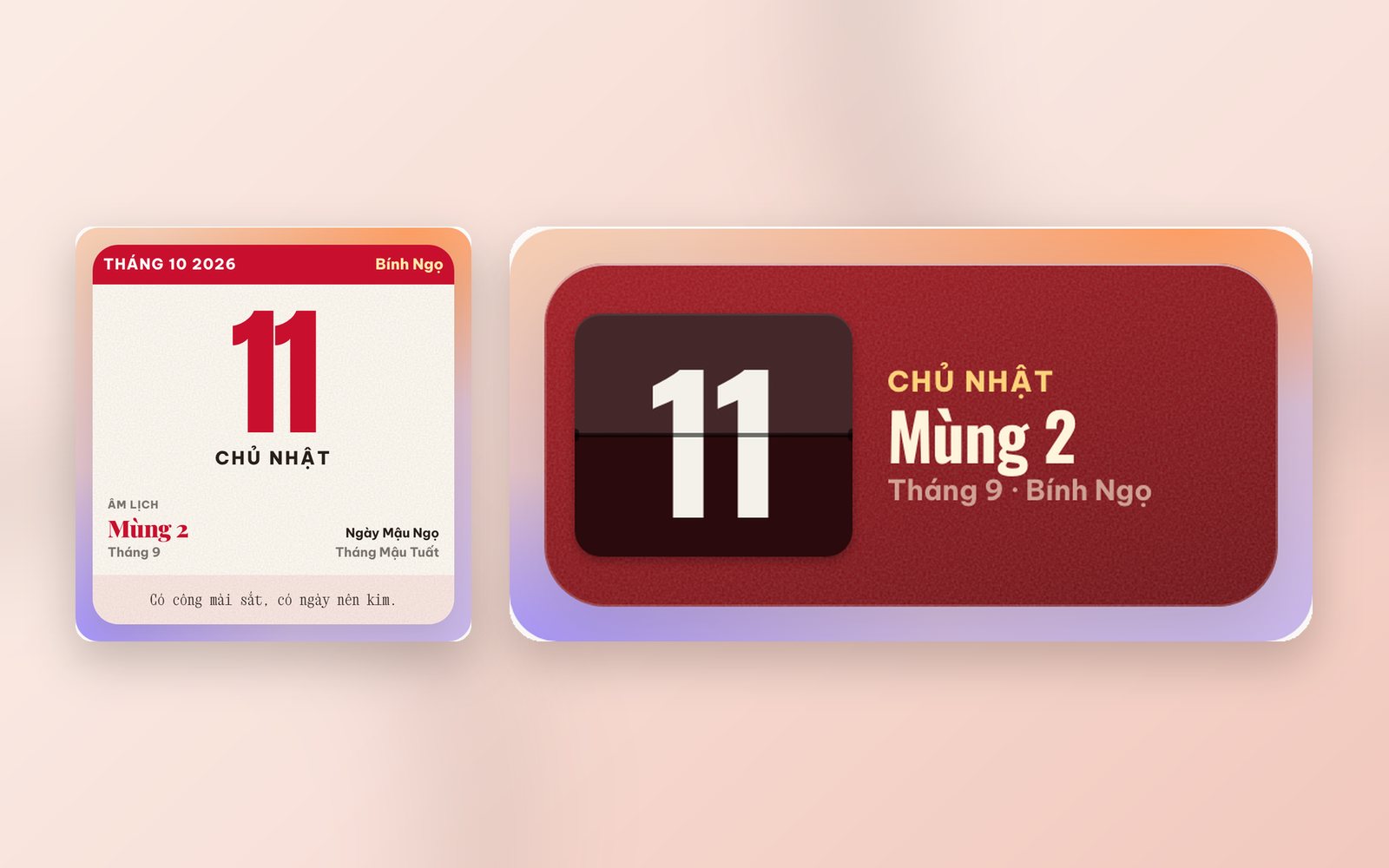 Widget Lịch bloc cỡ Lớn với số 11 đỏ, ngày mùng 2 tháng 9 âm lịch và câu ca dao, bên cạnh widget Âm lịch lật số màu đỏ