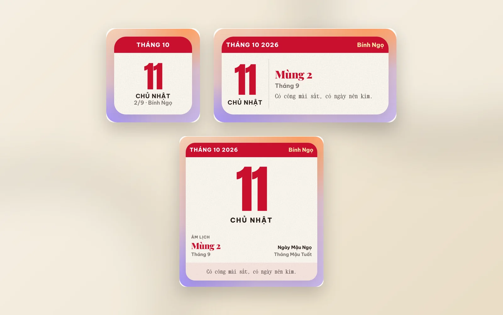 Widget Lịch bloc ở ba cỡ: Nhỏ, Vừa có câu ca dao và Lớn có đầy đủ ngày âm, can chi