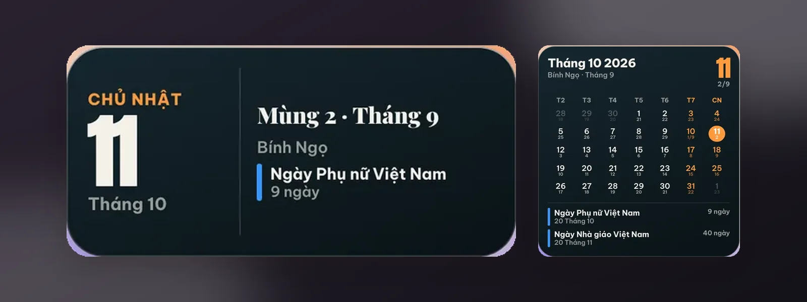 Widget Lịch ta trên nền tối: cỡ Vừa có ngày âm và ngày lễ sắp tới, cỡ Lớn có lịch tháng và danh sách ngày lễ