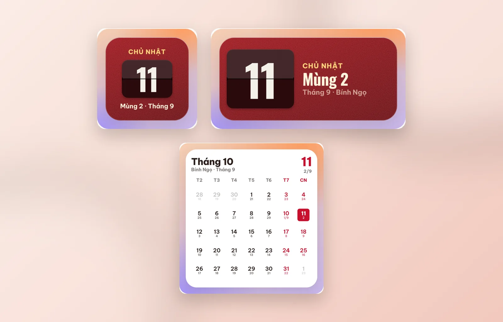 Widget Âm lịch lật số cỡ Nhỏ và Vừa với thẻ lật đỏ, cùng widget Lịch tháng âm dương cỡ Lớn có ngày âm dưới mỗi ngày dương