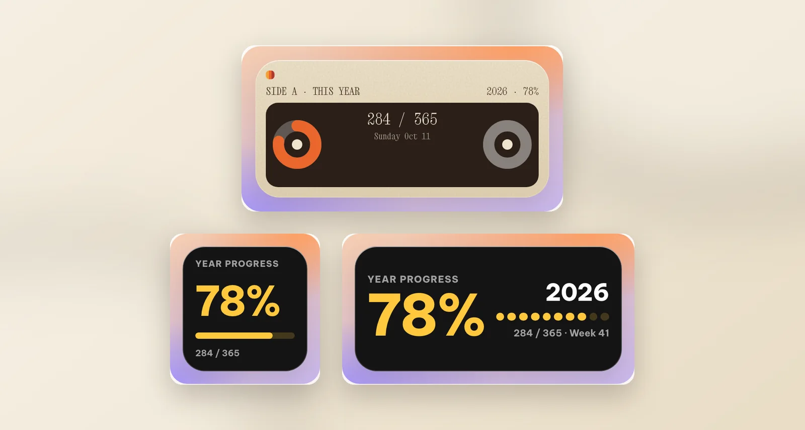 The Mixtape year cassette widget showing day 284 of 365, and the Year progress widget at 78 percent in small and medium sizes