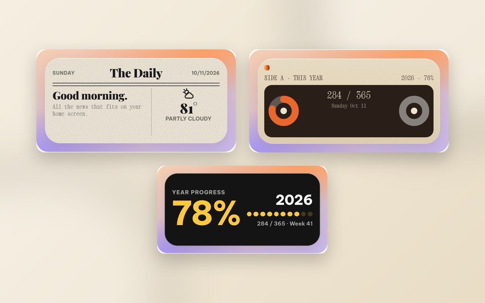The Daily newspaper widget with a good-morning headline, a Mixtape year cassette widget and a Year progress widget on an ivory paper background