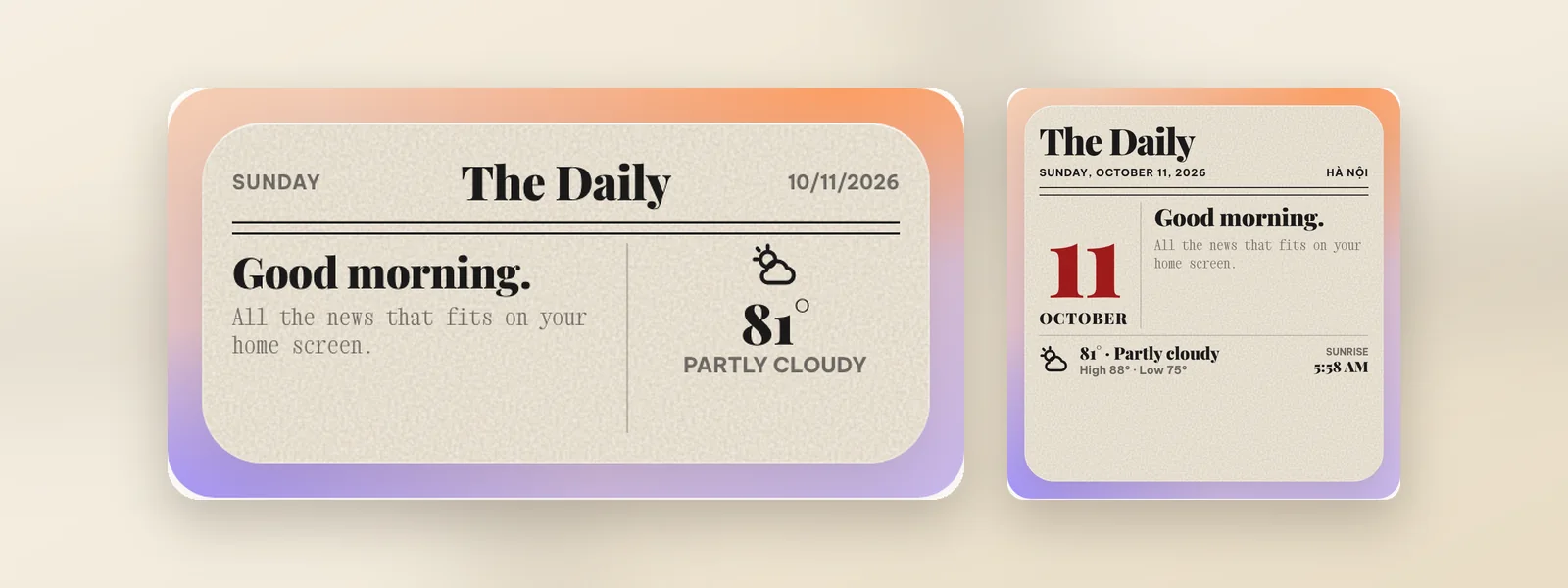 The Daily widget in medium and large sizes: a newspaper masthead, a good-morning headline, the date and the weather