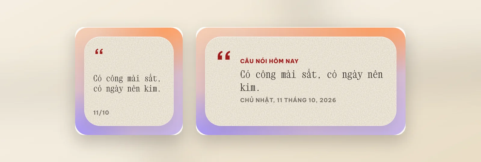 Widget Ca dao mỗi ngày cỡ Nhỏ và cỡ Vừa với câu "Có công mài sắt, có ngày nên kim" bằng font máy đánh chữ