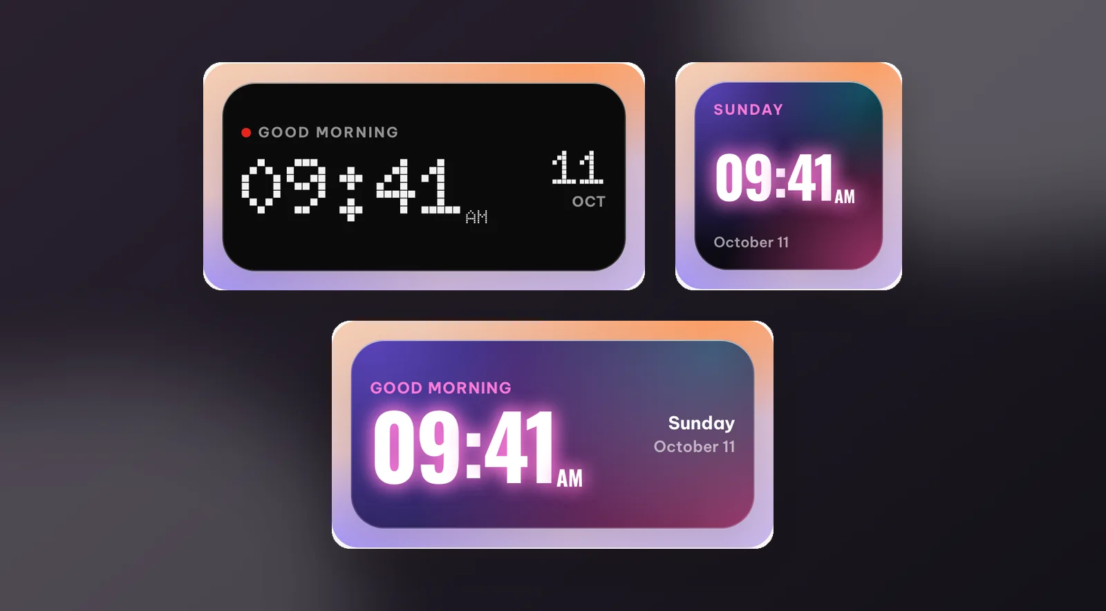 The medium Dot matrix widget with white dot digits on black, and the Neon night widget glowing purple and pink