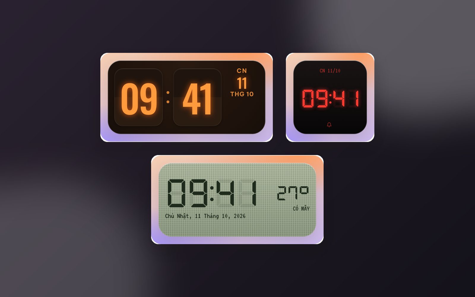 Widget đồng hồ Nixie hổ phách, Báo thức LED đỏ và LCD ô liu xếp trên nền tối