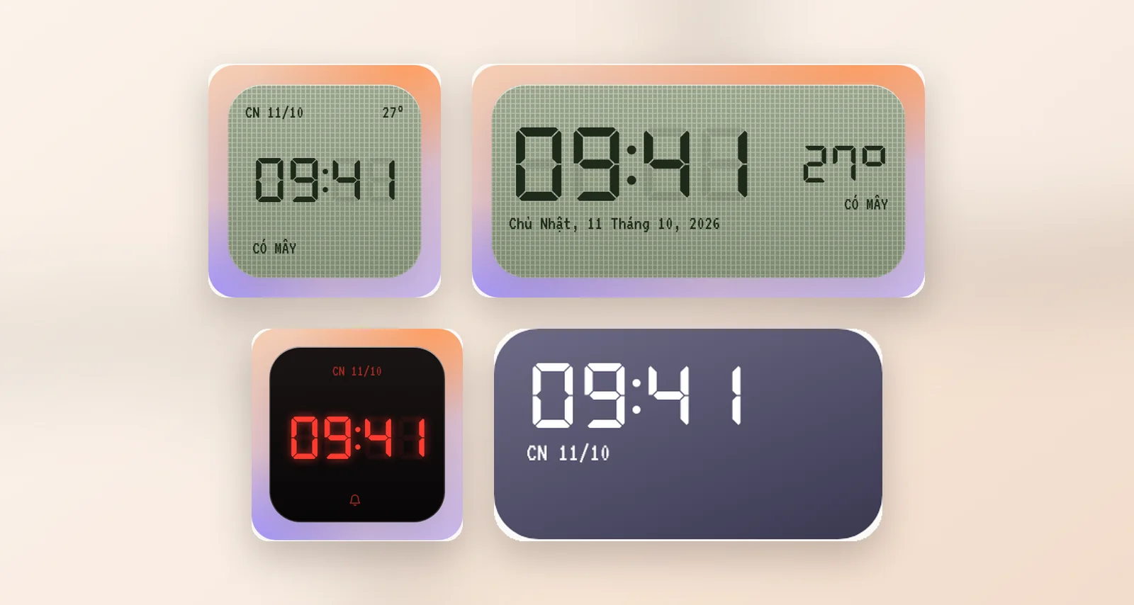 Widget LCD ô liu cỡ Nhỏ và Vừa có nhiệt độ, cùng widget Báo thức LED đỏ cỡ Nhỏ và bản màn hình khoá