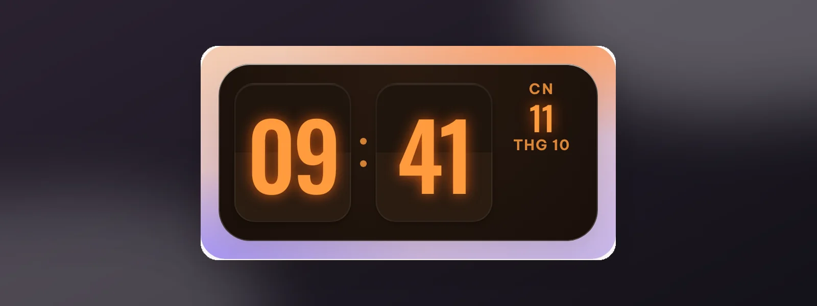 Widget Nixie hổ phách cỡ Vừa: số 09:41 phát sáng màu cam trong khung gỗ tối