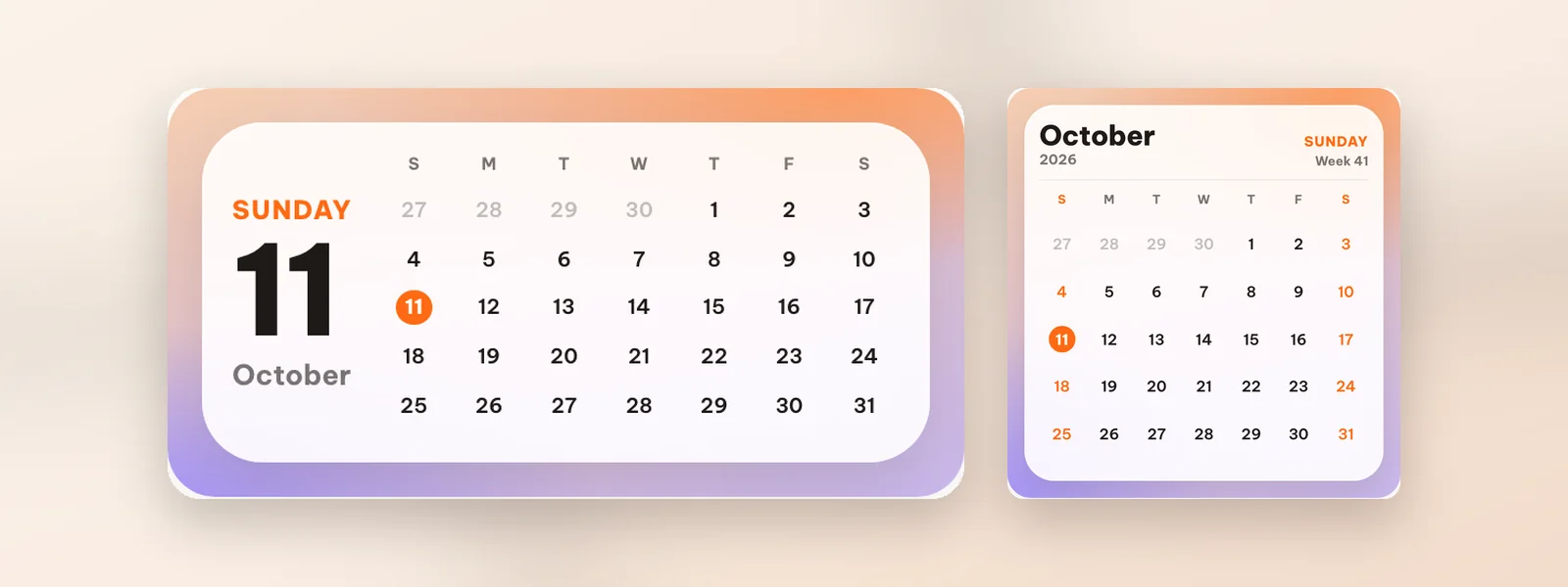 The Month grid widget in medium and large sizes with today circled in orange
