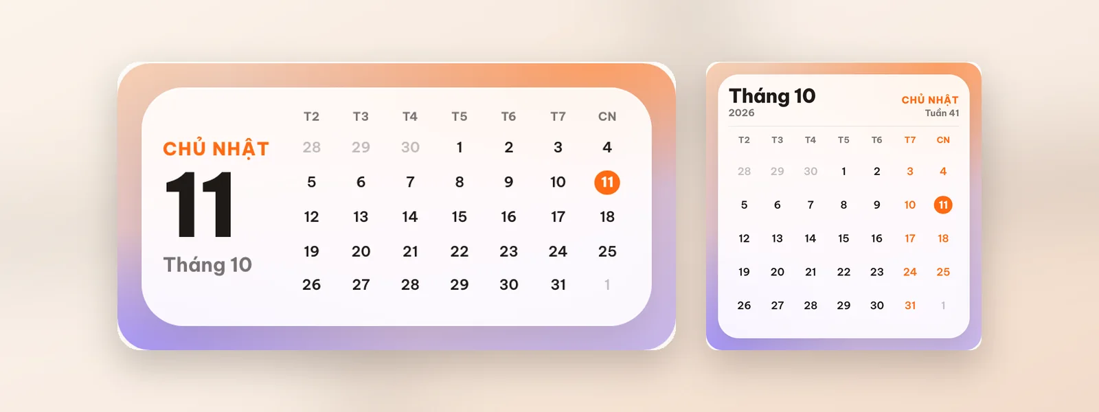 Widget Lịch tháng cỡ Vừa và cỡ Lớn, ngày hôm nay được khoanh màu cam
