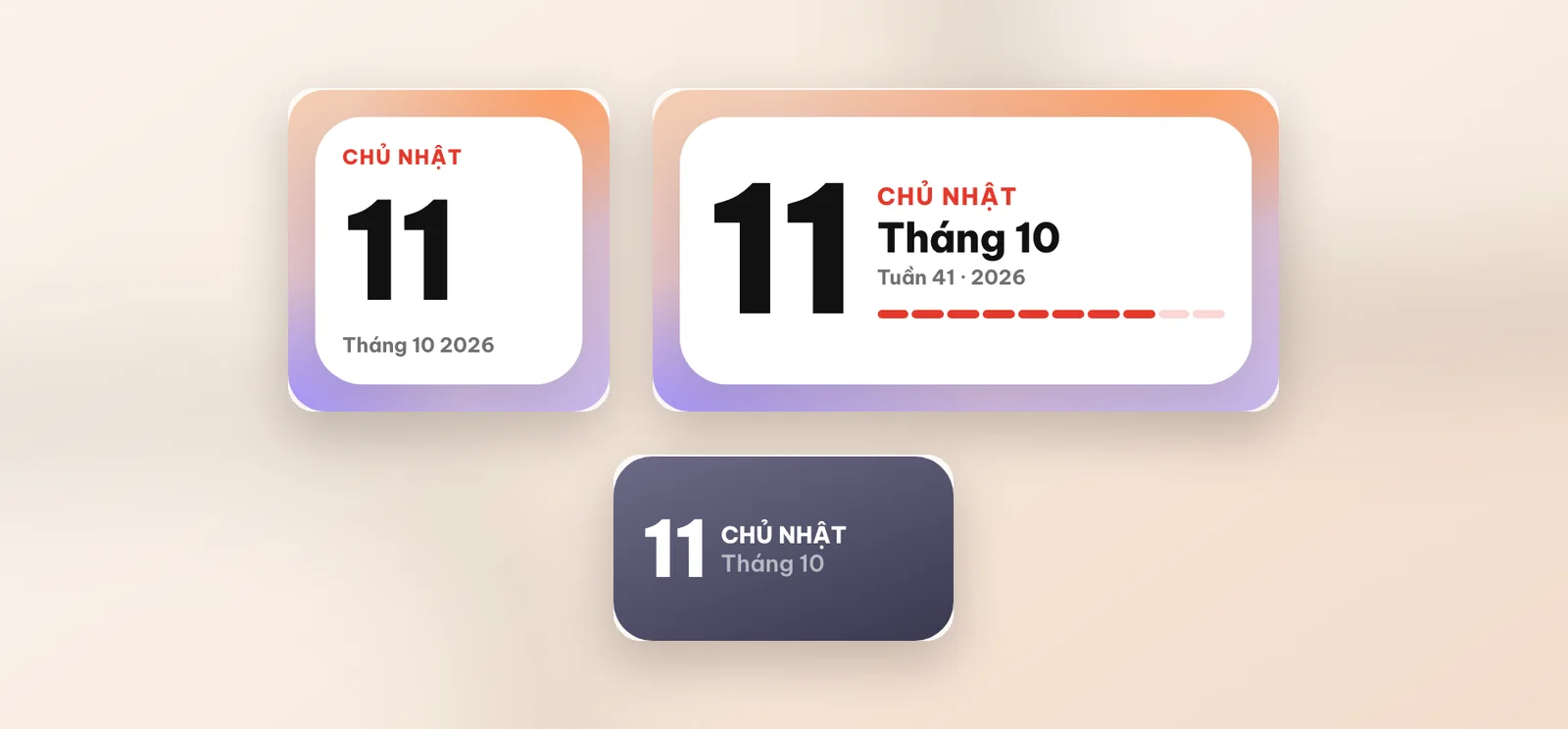 Widget Ngày kiểu Thụy Sĩ cỡ Nhỏ, cỡ Vừa có thanh tiến độ tuần và bản cho màn hình khoá