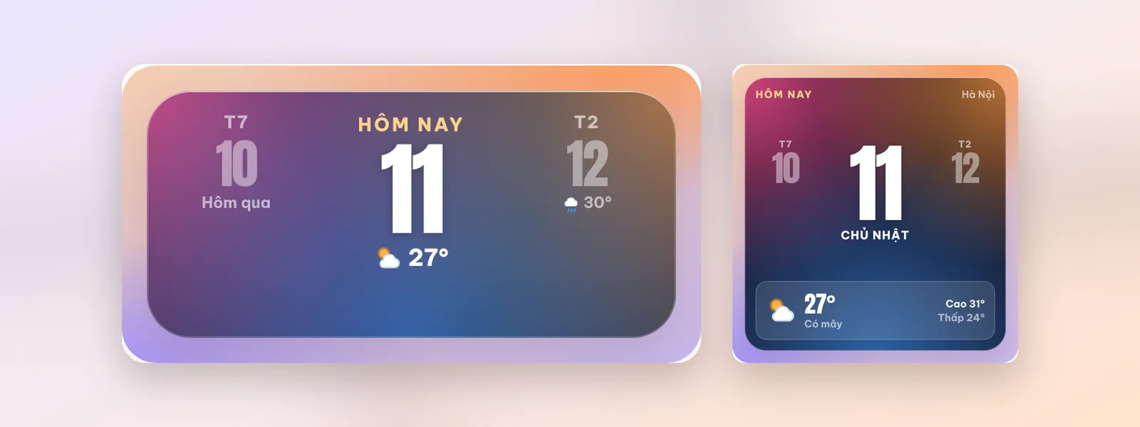 Widget Hôm qua, Hôm nay, Ngày mai trên nền chuyển màu tím xanh, kèm biểu tượng thời tiết