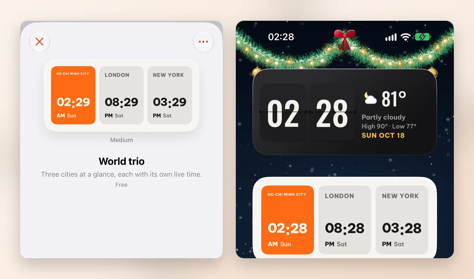 The World trio detail page in the WidgyKit app marked Free, next to a real iPhone Home Screen with World trio under a flip clock