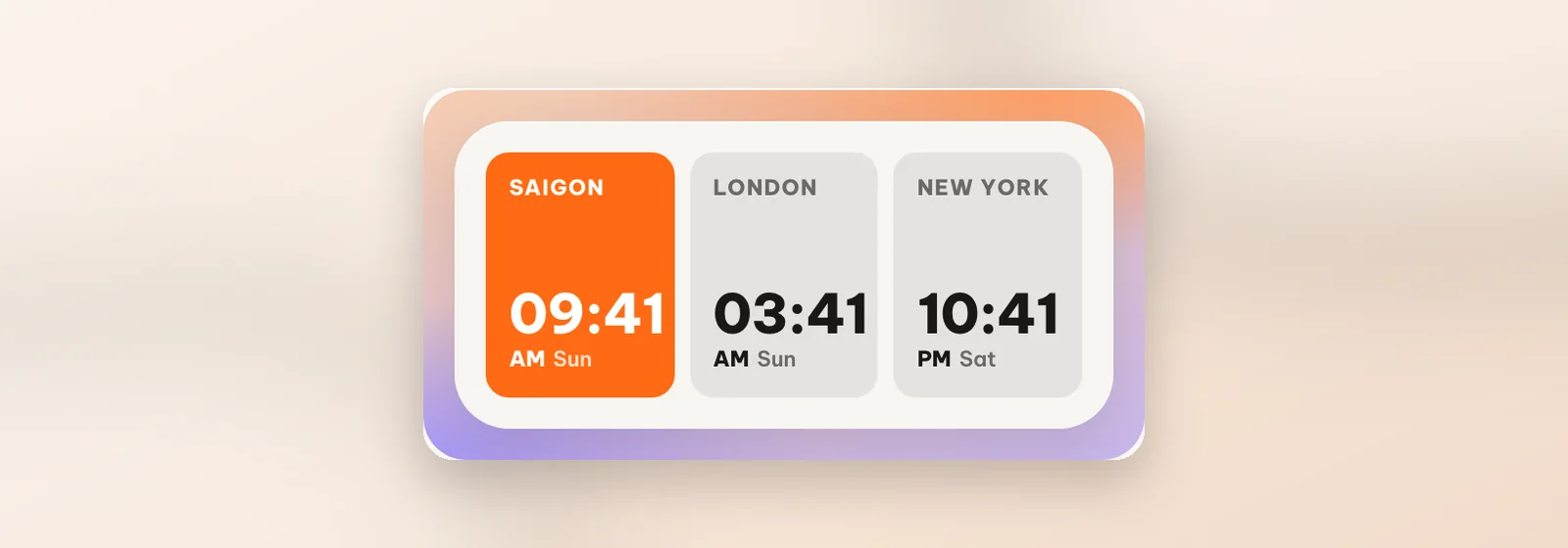 The medium World trio widget: an orange Saigon tile at 9:41 AM, and grey London and New York tiles