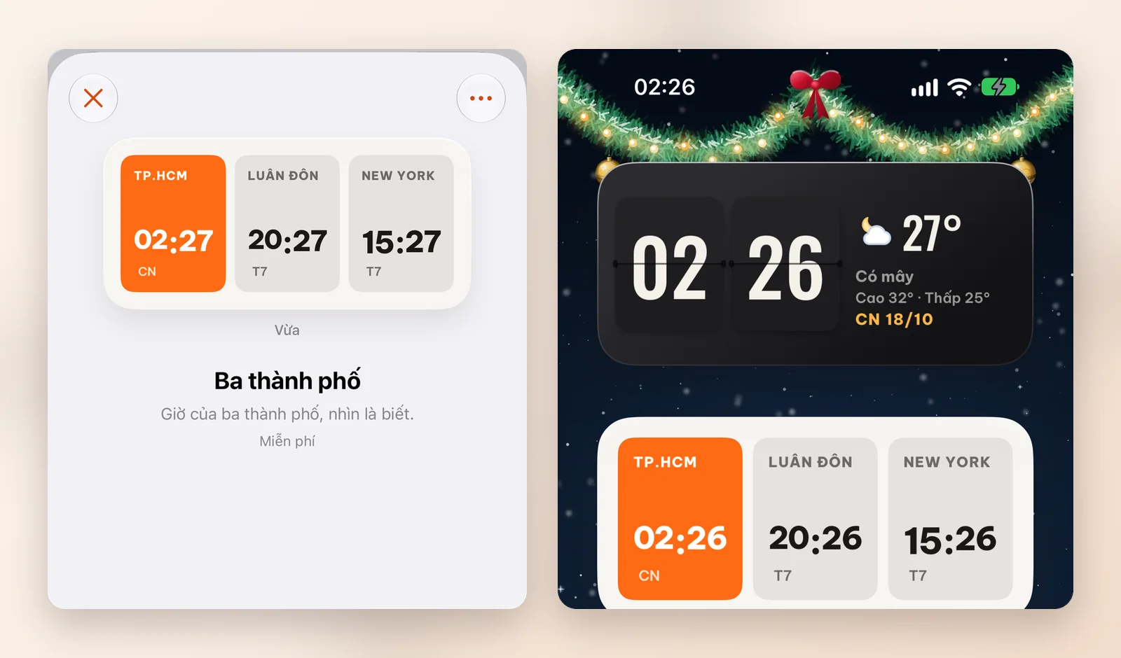 Trang chi tiết widget Ba thành phố trong app WidgyKit ghi Miễn phí, bên cạnh màn hình chính iPhone thật có Ba thành phố nằm dưới đồng hồ lật số