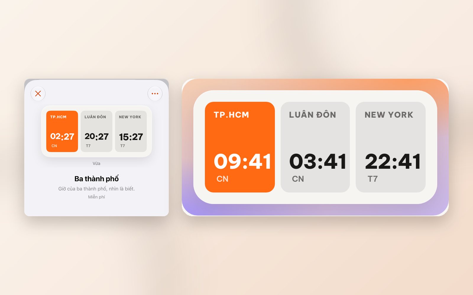 Trang chi tiết widget Ba thành phố trong app WidgyKit cạnh widget hiển thị giờ TP.HCM, Luân Đôn và New York